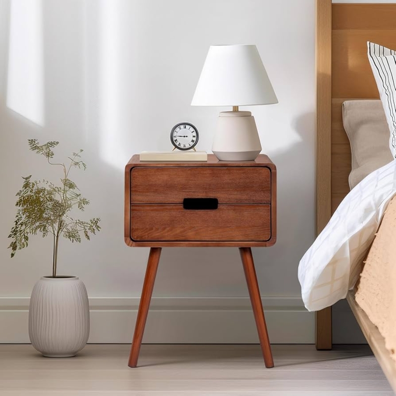 Mid Century Nightstand Splayed Legs Boxy Silhouette Bedroom Storage