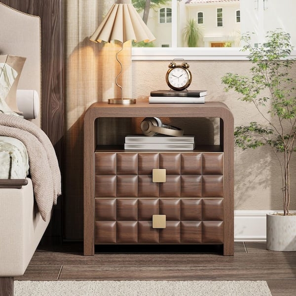 Mid-Century Nightstand Walnut Fluted Drawers Open Shelf