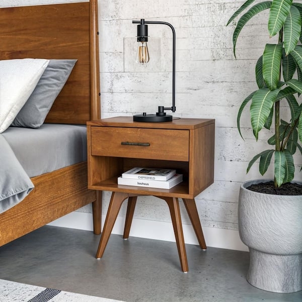 Mid-Century Nightstand with Open Shelf and Recessed Drawer Pull