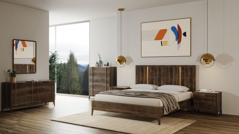 Mid-Century Platform Bed Dark Wood Off-White Upholstered Headboard