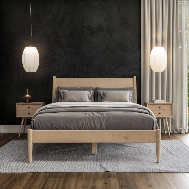 Mid Century Platform Bed Frame Upholstered Panel Light Oak Tapered Legs