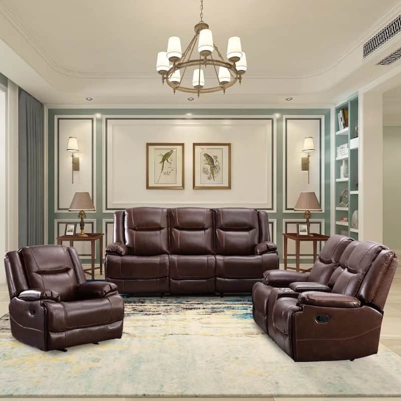 Mid-Century Reclining Sofa and Chair Set Cognac Leather-Like
