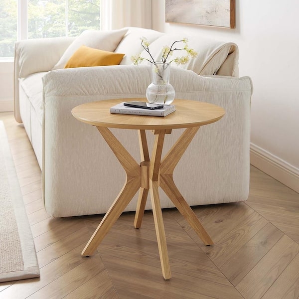 Mid-Century Side Table with Crossed Tripod Base, Round Top, Oak Finish