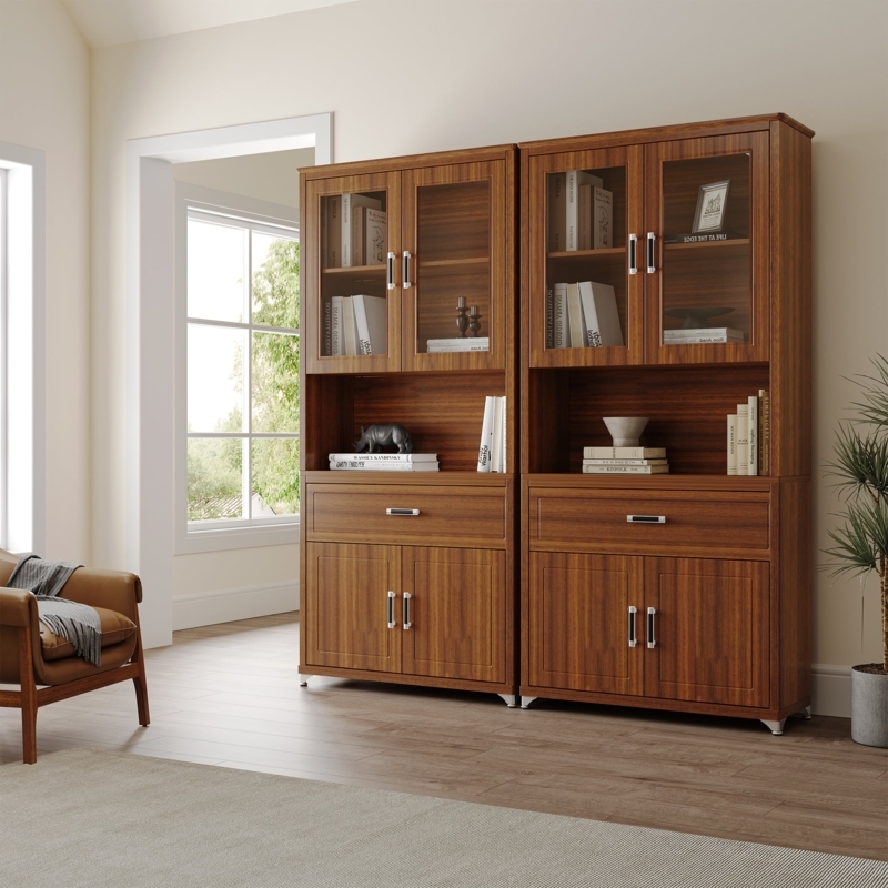 Mid-Century Storage Cabinet with Glass Doors, Drawers, and Tapered Legs