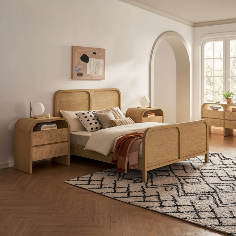 Mid-Century Upholstered Bed Grey Fabric Wood Tapered Legs