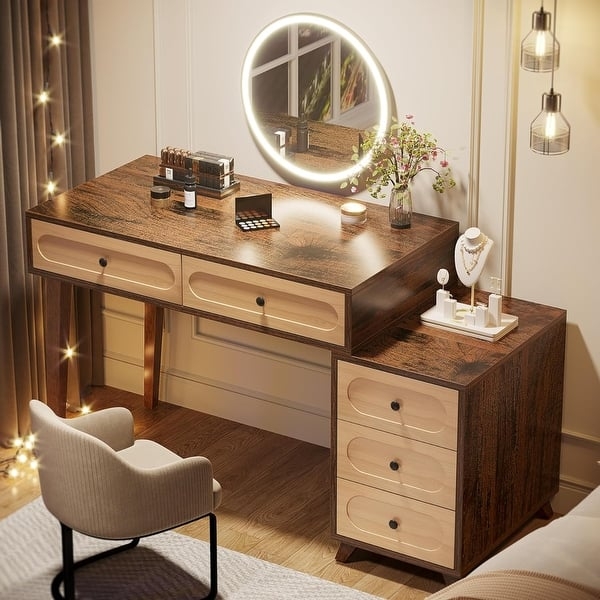 Mid-Century Vanity Desk Reversible Cabinet Wood Toned Gold Hardware
