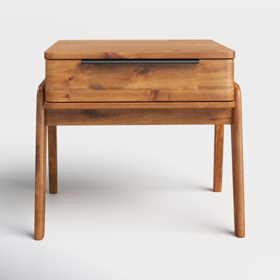 Mid-Century Wood End Table with Tapered Legs & Storage Drawer