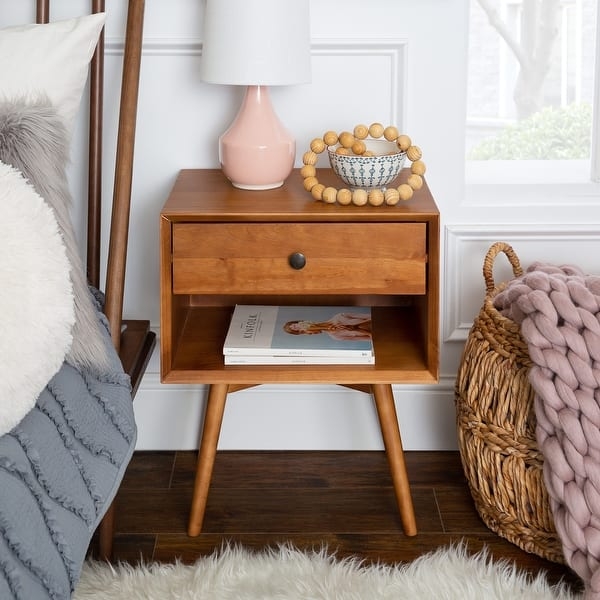 Mid-Century Wood Nightstand with Cutout Handle and Shelf
