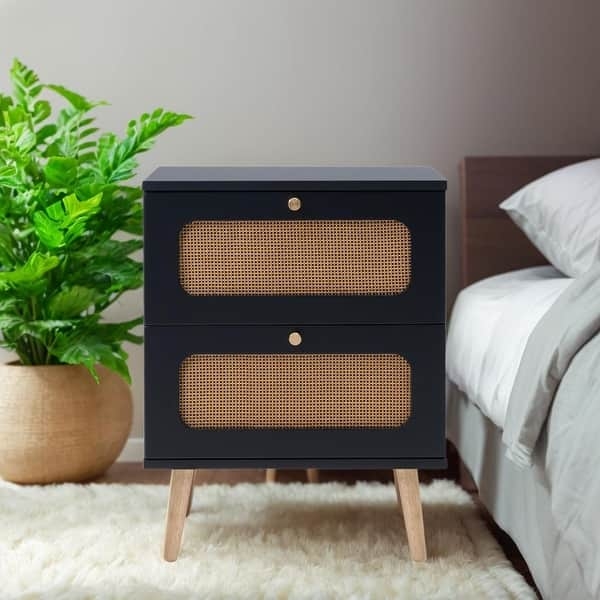 Mid-Century Wood Nightstand with Two Woven Rattan Drawers