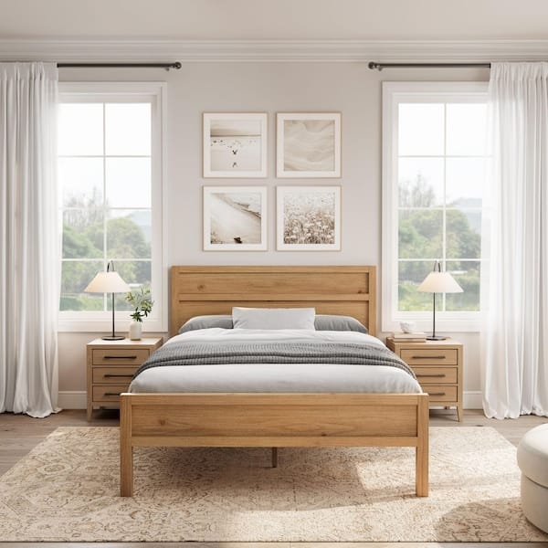 Mid-Century Wood Platform Bed with Paneled Headboard & Tapered Legs