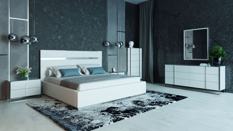 Minimalist Bed Channeled Headboard Slender Metal Legs White Modern