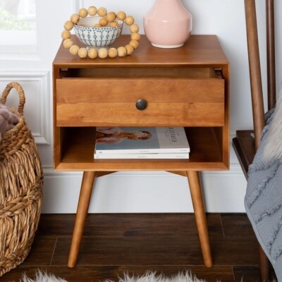 Minimalist Bedside Table Setup, Walnut Finish, Open Shelf, Round Knob