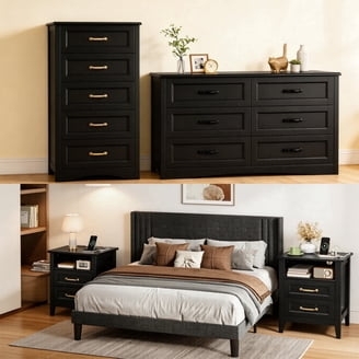 Minimalist Black Bedroom Set Gold Hardware Slat Headboard