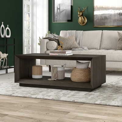 Minimalist Black Coffee Table with Wood Grain Finish and Open Shelf