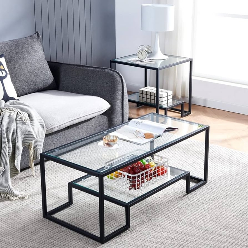 Minimalist Black Metal Coffee Table Two-Tier Glass Top Storage