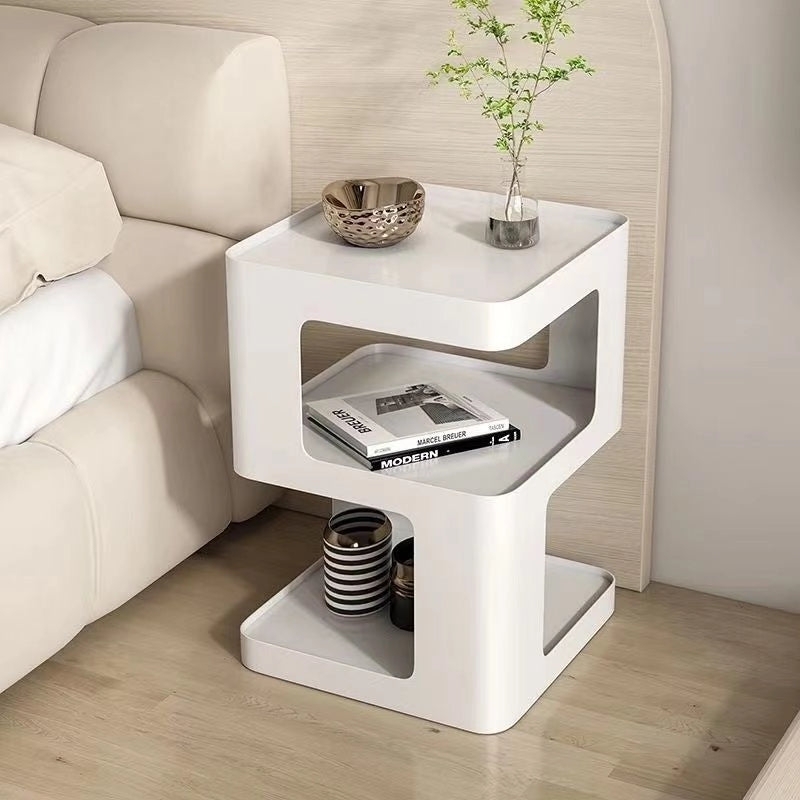 Minimalist Black Metal Nightstand, Open Sled Base, Two-Drawer Storage