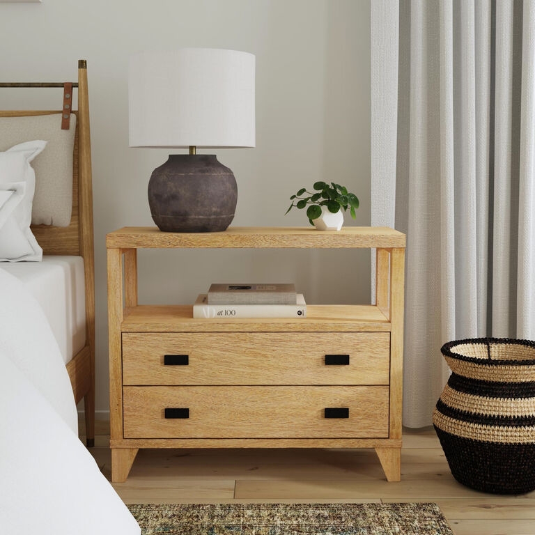 Minimalist Blonde Wood Nightstand with Two Drawers and Tapered Legs