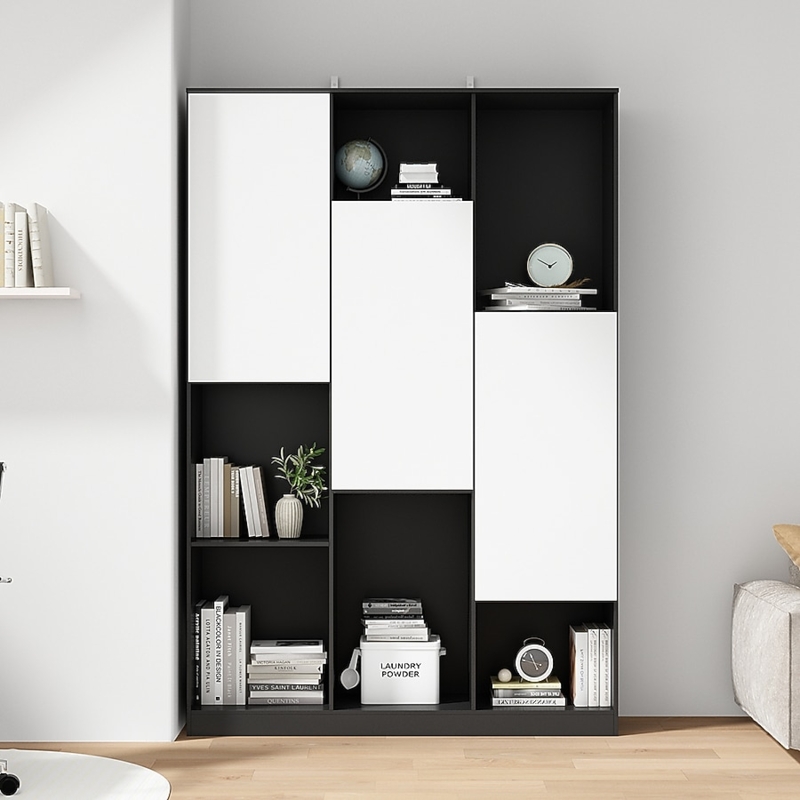 Minimalist Bookcase in Matte Black featuring Integrated Base Drawers
