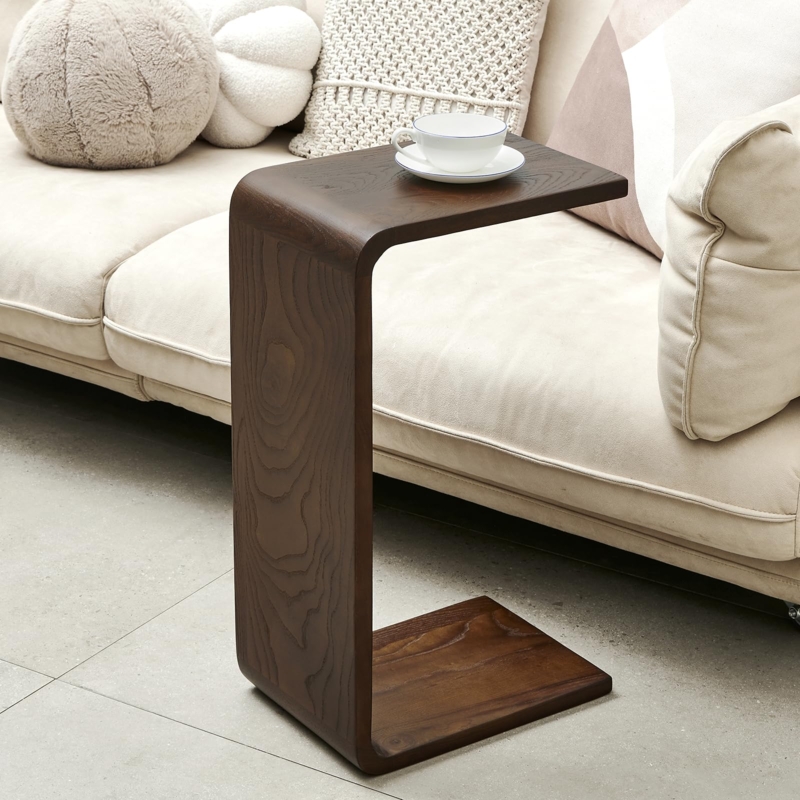 Minimalist C-Shaped End Table, Walnut Finish, Curved Leg Design