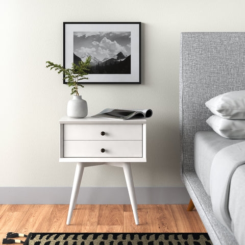 Minimalist Dark Wood Nightstand with Two Drawers and Metal Pulls