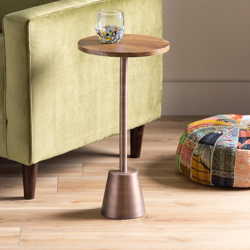 Minimalist Drink Table with Slender Pedestal and Burnished Metallic Finish
