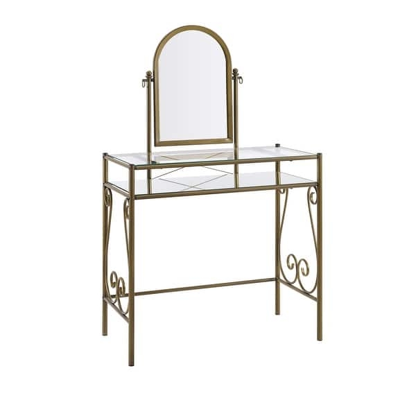 Minimalist Gold Glass Vanity Set with Circular Mirror for Small Spaces