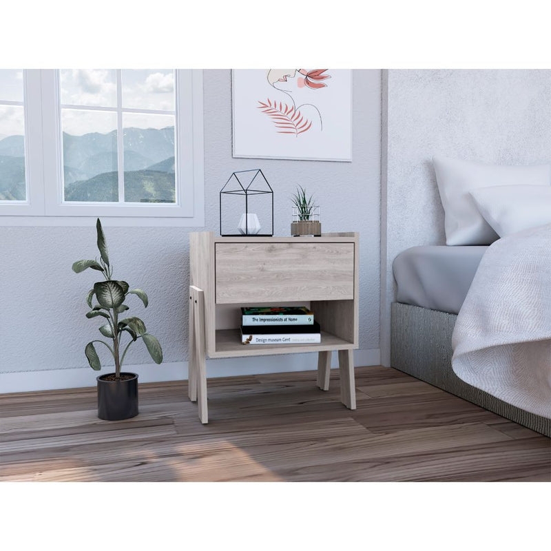 Minimalist Grey Nightstand with Slim Gold Legs and Horizontal Pulls