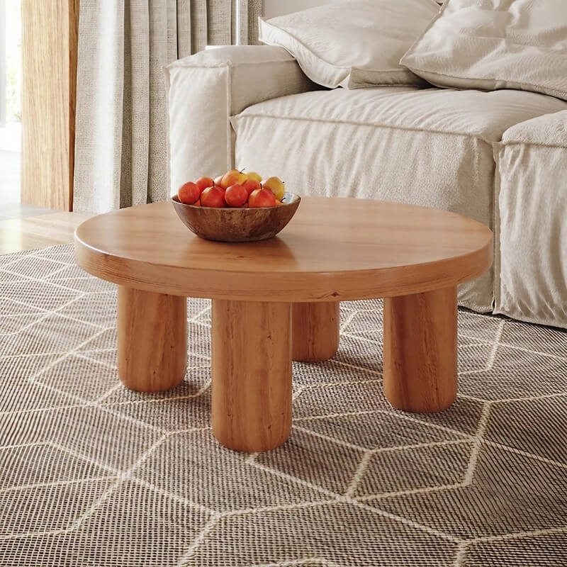 Minimalist Japandi Style Round Walnut Coffee Table with Solid Wood Bas   WEHOMZ