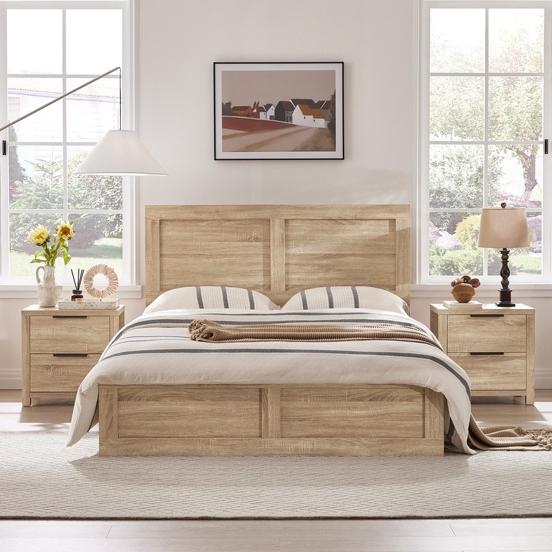 Minimalist Light Wood Bedroom Set with Tall Paneled Headboard