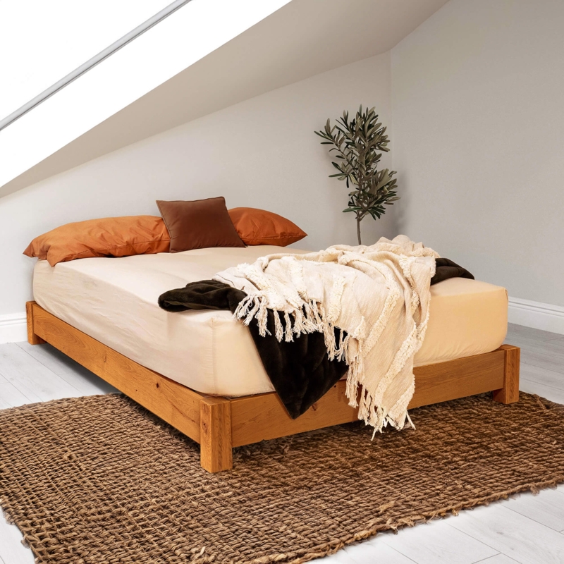 Minimalist Low Wood Platform Bed with No Headboard & Recessed Base