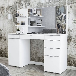 Minimalist Makeup Desk with Circular Mirror and Tapered Legs