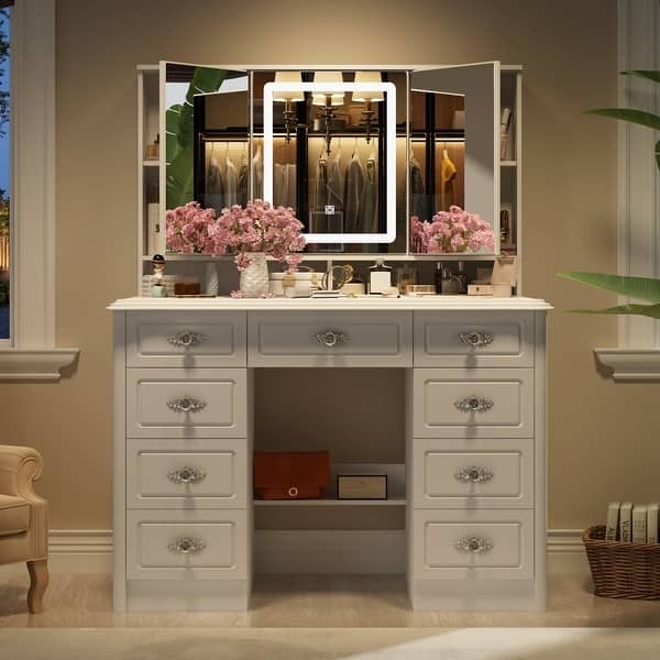 Minimalist Makeup Vanity with Hidden Sliding Shelving Behind Mirror