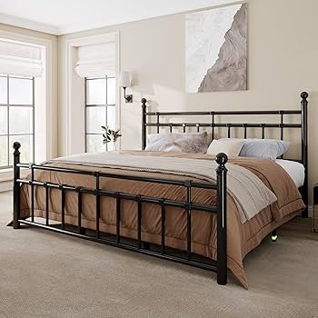 Minimalist Matte Black Metal Platform Bed with Arched Spindle Corners