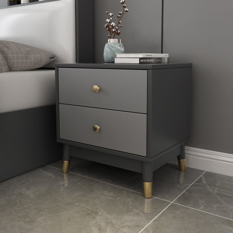 Minimalist Nightstand Gold Hardware Tapered Pin Legs Two Drawers