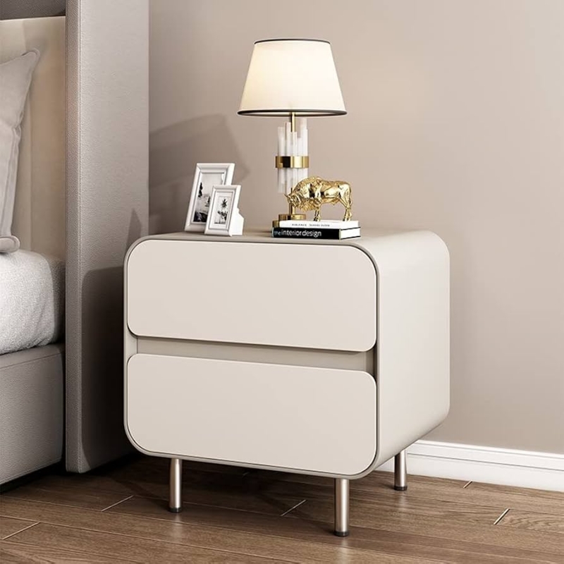 Minimalist Nightstand with Gold Circular Pulls and Rounded Corners