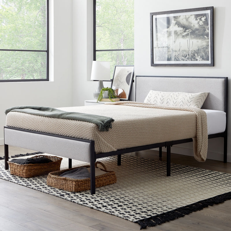 Minimalist Platform Bed with Gray Channel Tufted Headboard