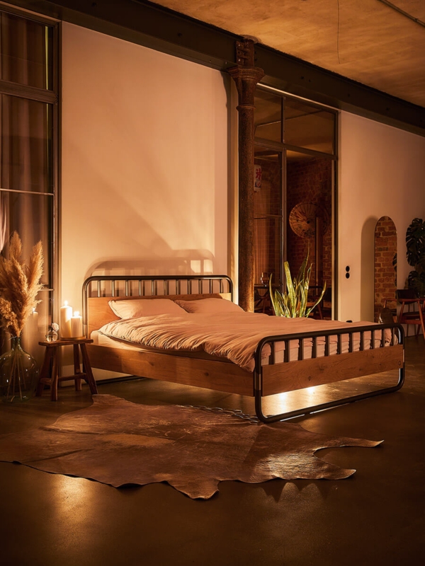Minimalist Platform Bed with Thick Wood Panel & Metal Frame Wrap