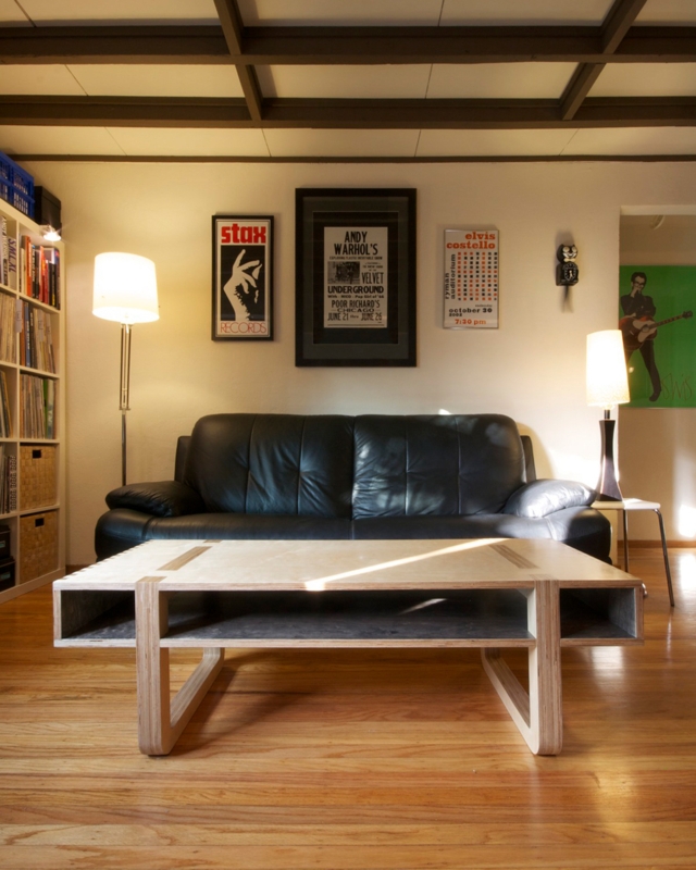 Minimalist Round Coffee Table Chunky Legs Exposed Plywood Edge