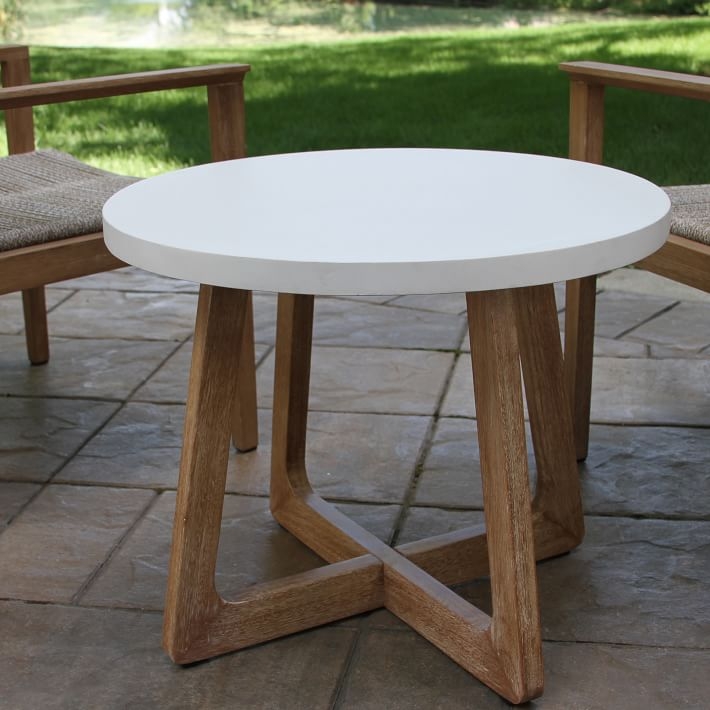 Minimalist Round Outdoor Side Table with Tripod Legs on Wood Deck