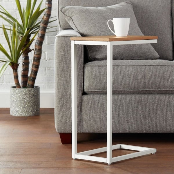 Minimalist White C-Shaped Side Table, Natural Wood Finish Top