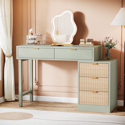 Minimalist White Makeup Vanity Desk with Gold Tapered Legs