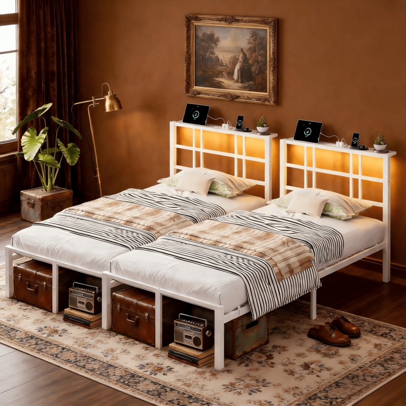 Minimalist White Metal Twin Bed Storage Headboard LED Lights