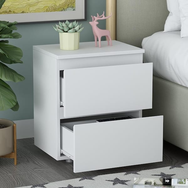 Minimalist White Nightstand with Slim Silver Handles Storage
