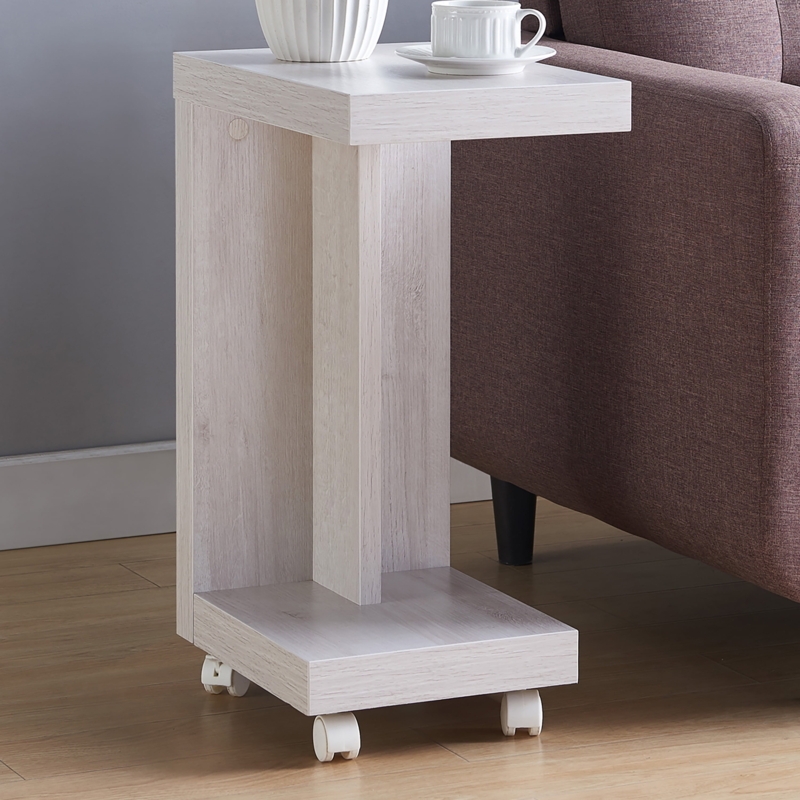 Minimalist White Oak C-Shaped End Table with Mobile Casters