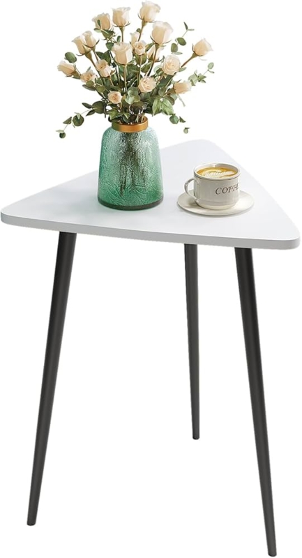 Minimalist White Triangular Side Table with Black Tripod Legs