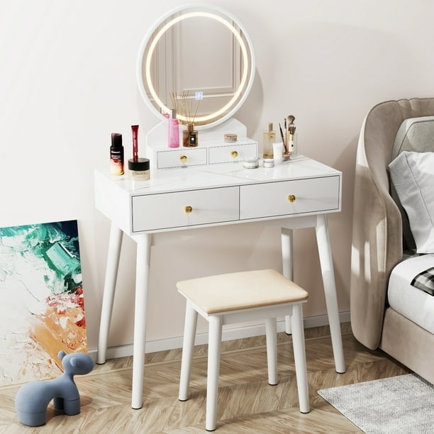 Minimalist White Vanity Set with 9-Bulb Lighted Mirror and Shelf