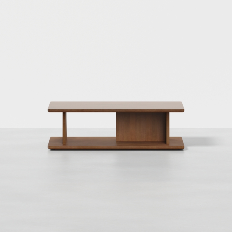 Minimalist Wood Coffee Table with Low Profile and Thick Block Legs