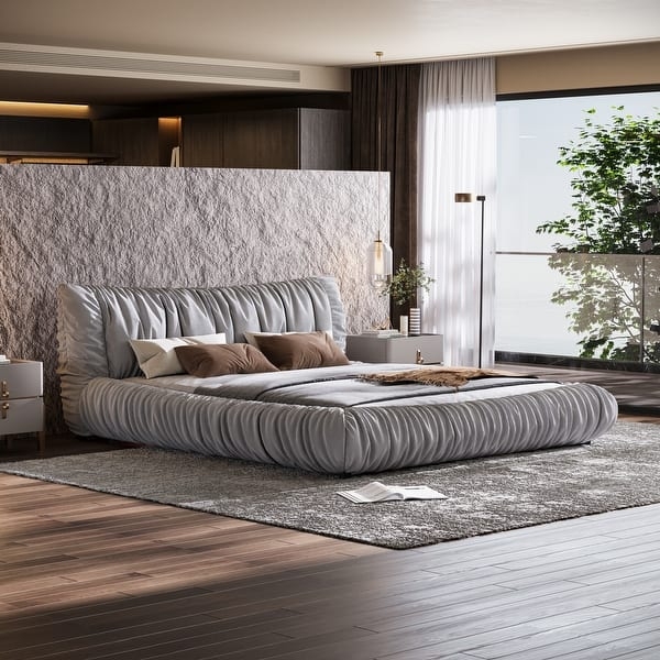 Minimalist Wood Platform Bed with Beige Segmented Cushion Headboard