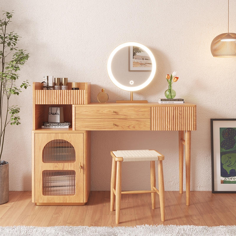 Minimalist Wood Vanity with Integrated Open Shelving and Round Mirror