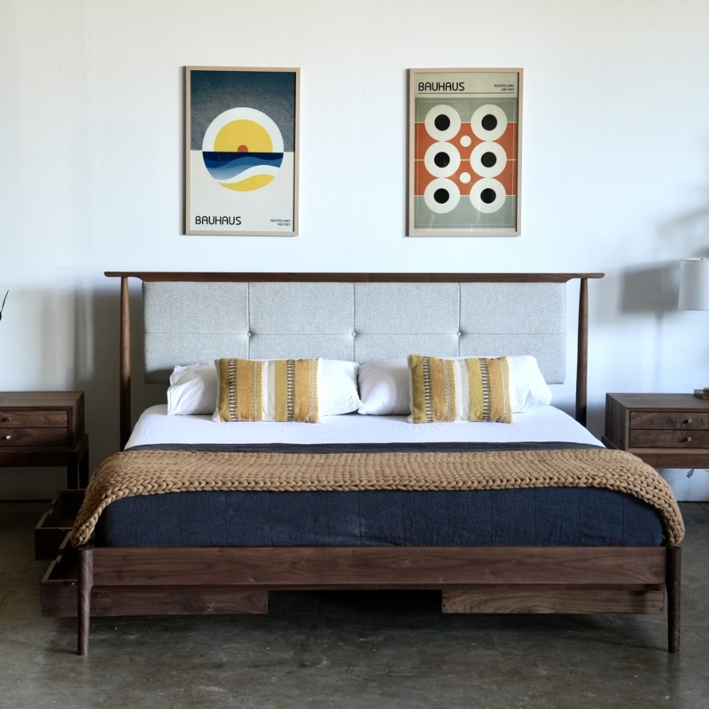 Minimalist Wooden Bed Frame with Angled Headboard and Tapered Legs